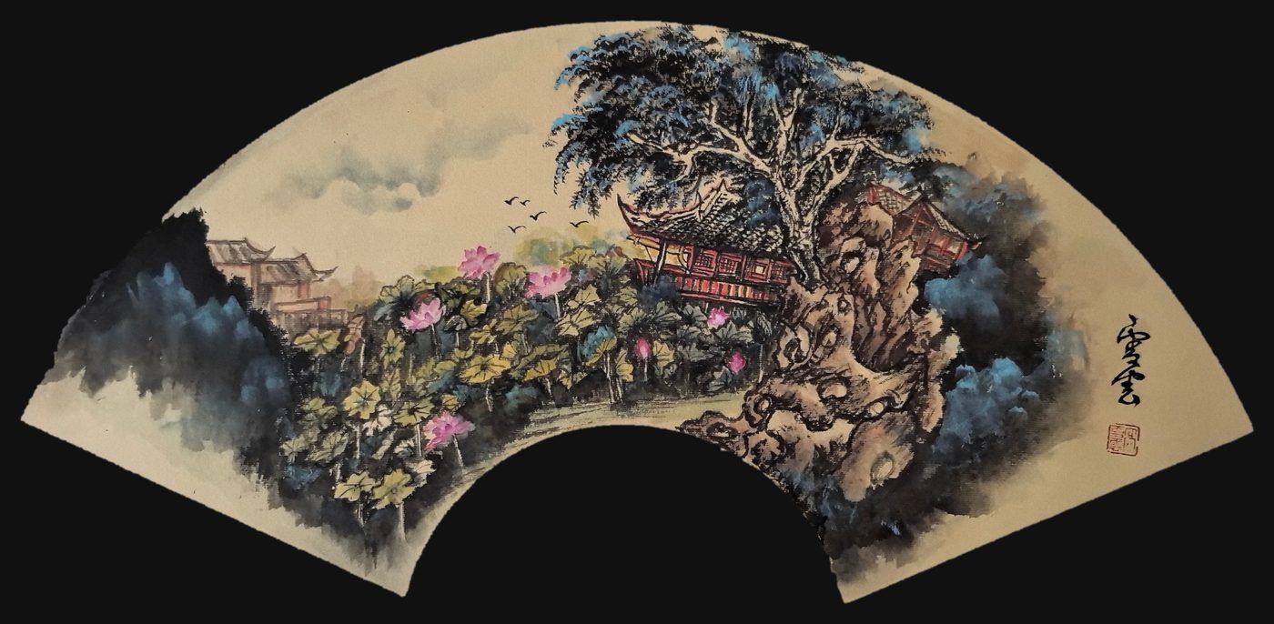 A finished Chinese fan painting: a lotus pond in bloom, an old tree over a pavilion on a rock, birds flying home, signed Xueyun with her seal.